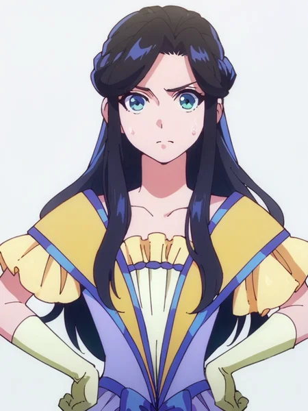 score_9, score_8_up, score_7_up,
1girl, zenshu, black hair, long hair, french braid, parted bangs,
purple dress, gown, gloves, frown, looking at viewer, upper body, hands on hips, white background,
