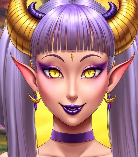 (1girl, demonking, slit pupils:1.1), (closeup:0.7), demon girl, earrings, eyelashes, eyeshadow, freckles, horns, hair ornament, smile, jewelry, lipstick, long hair, looking at viewer, makeup, piercing, pointy ears, purple hair, purple lips, solo, twintails, yellow eyes, majalis <lora:majalis_style_sdxl:0.8>