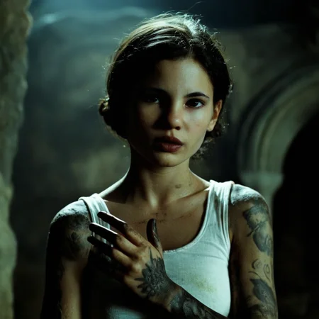 cinematic film still of cinematic film still of cinematic film still of <lora:add-detail-xl:0.1>1
<lora:detailed:0.3> realism
<lora:perfection style:0.2> perfect
<lora:eyetune:0.6>
<lora:xl_more_art-full_v1:0.1>
<lora:Ron Fricke style:0.3>
<lora:Unreal Engine style:0.3>
<lora:TeethXL:0.3>
<lora:Chiaroscuro Lighting Style:0.3> Chiaroscuro Lighting Style
 <lora:Pans Labyrinth style v2:1>
In a fantasy gothic Italian dim world Ofelia a young woman with mud on her face and arm,1girl,solo,black hair,lips,tattoo,tank top,realistic,dark,dirty , horror movie themed, sharp, detailed, epic photography, artistic, dramatic light, cinematic style, film style, Pans Labyrinth style, shallow depth of field, vignette, highly detailed, high budget, bokeh, cinemascope, moody, epic, gorgeous, film grain, grainy
