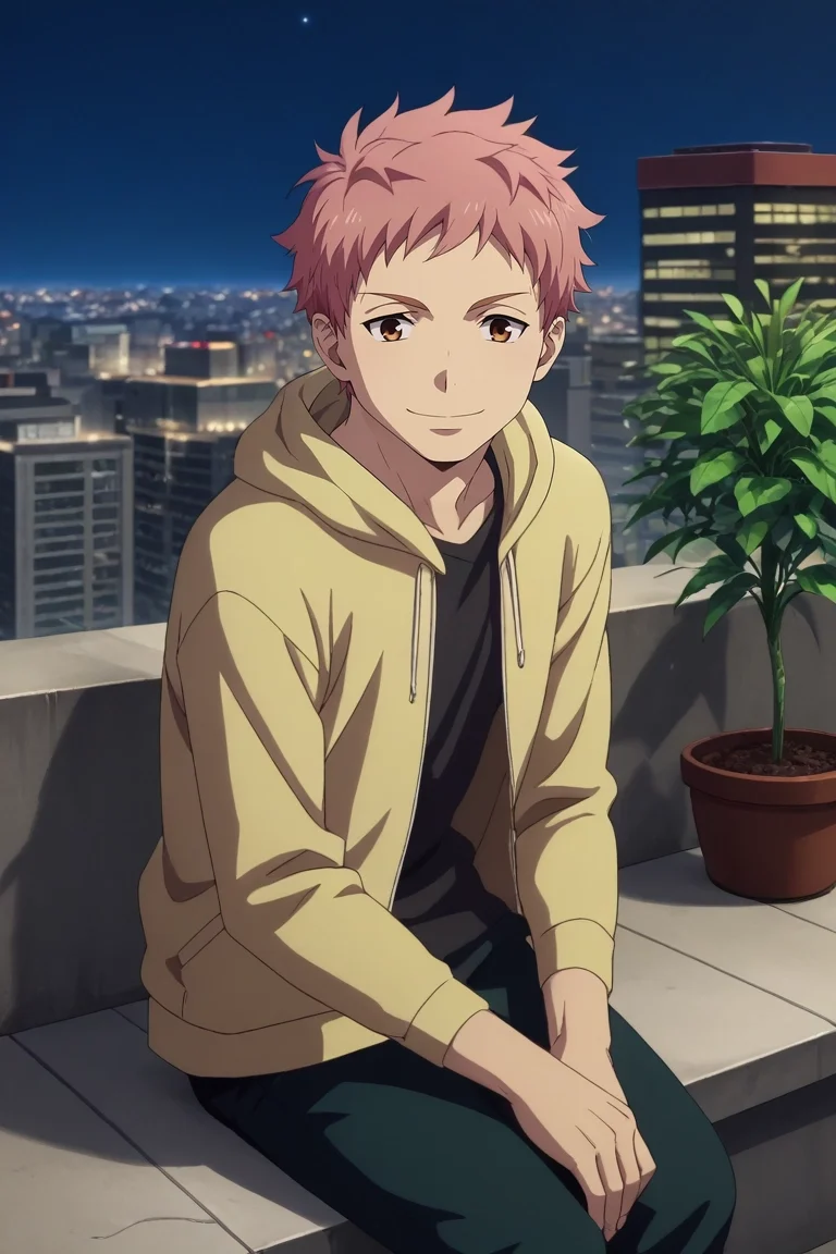 score_9, score_8_up, score_7_up, , rating_safe, , anime screencap, anime coloring, official style, , depth of field, 1boy, solo, male focus, <lora:renzou_shima_pony:1>, renzou_shima, pink hair, brown eyes, short hair, rooftop garden, city skyline, string lights, potted plants, sitting on edge, relaxed smile, sunset, lion costume, <lora:sdxl_lightning_8step_lora:1>