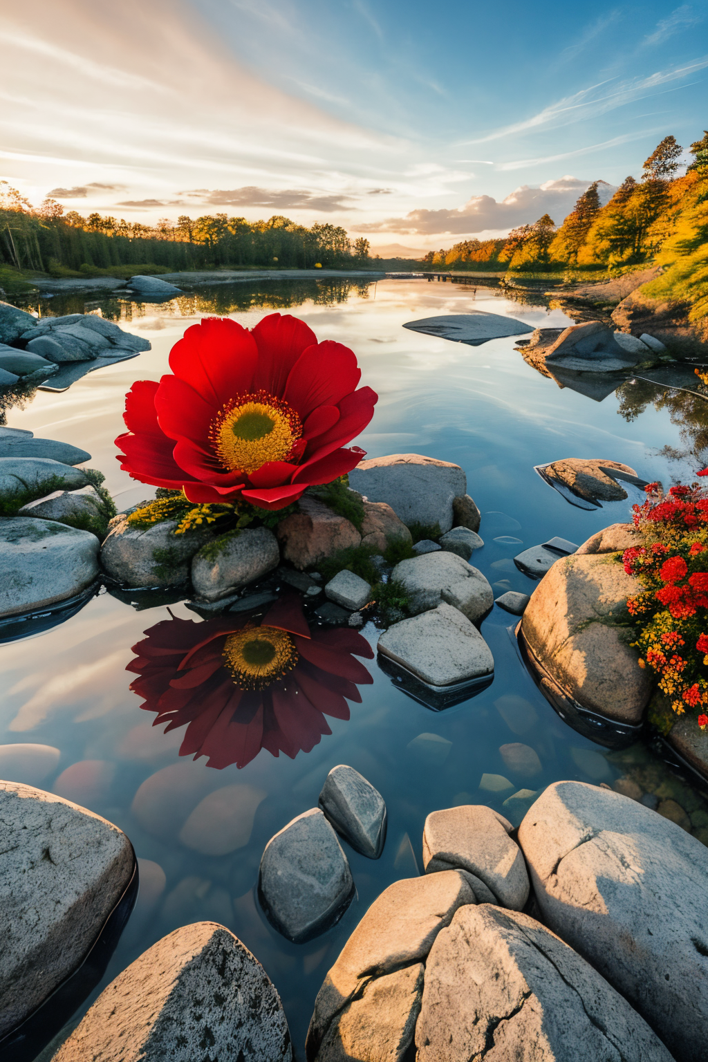 (Realistic:1.5) EdobLandscapeAlpha , space, sunset, no humans, horizon, day, red flower, colored pencil (medium), reflection, day, rock, <lora:EdobLandscapeAlpha_v1.0:0.8>