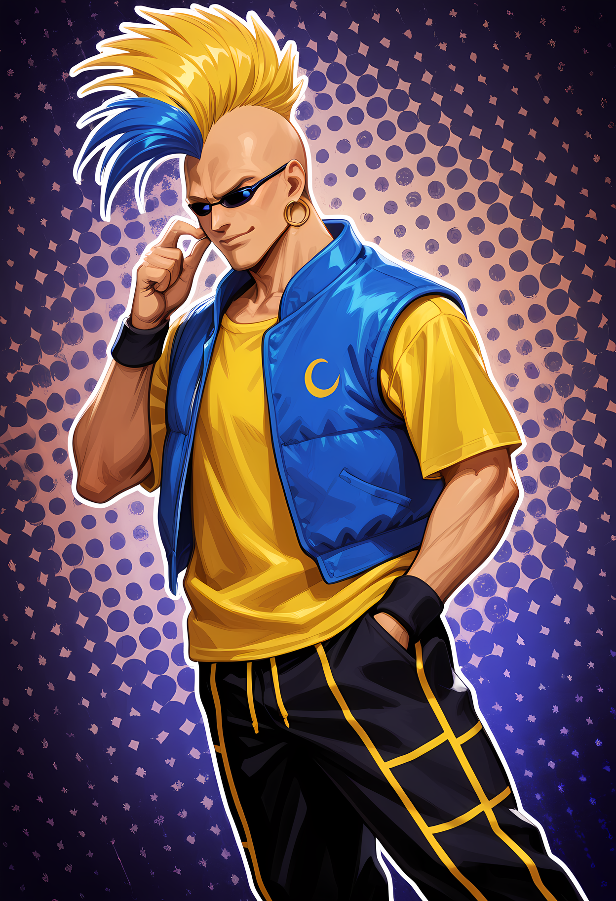 masterpiece, best quality, amazing quality, dutch angle, abstract background, BREAK
1boy, solo, male focus, ff_duckking, blonde mohawk, blue streak, sunglasses, yellow shirt, blue vest, black pants, BREAK
<lora:cfg_scale_boost:.6>  <lora:Duck_King_-_Fatal_Fury_-_ILXL:1>