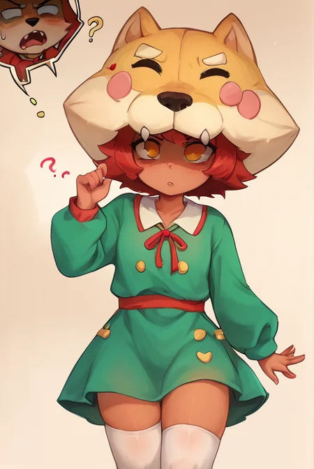 score_9, score_8_up, score_7_up, <lora:shinita:1> shinita , 1 girl , dark-skinned female, red hair, no pupils, green dress, long sleeves, white thighhighs, red ribbon, shaded face, ,dog headwear , confused, looking at viewer, randoseru, heart, <lora:Kittew-4RCH0N:1>4RCH0N