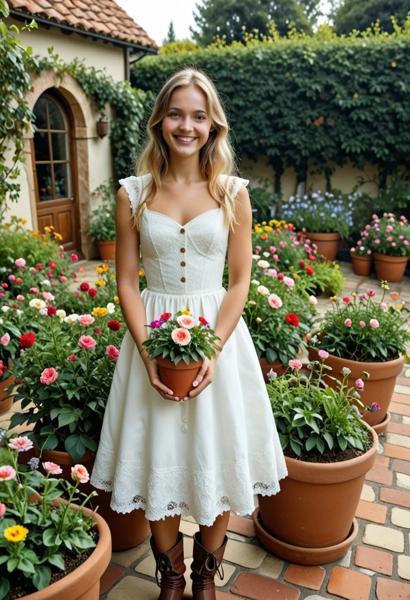 SavanahK, blond hair, green eyes, medium, Photograph of a young woman in a white dress and brown boots planting a flower in a garden. She is bending over and is smiling at the camera. The garden is filled with colorful flowers and there is a potted plant on the right side of the image. In the background, there are trees and a house with a red brick exterior. The sky is blue, and the sun is shining, creating a warm glow on the scene. The woman appears to be happy and carefree as she works in the garden.