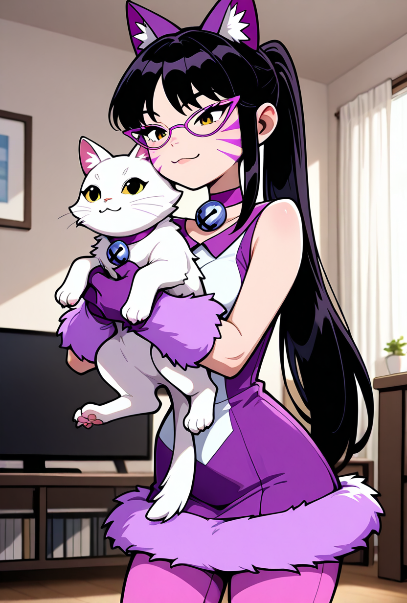 <lora:nyancychan-10:1> nyancychan, black hair, 1girl, long hair, cat ears, purple glasses,  claws, gloves, neck bell, purple choker, whisker markings, ponytail, pink pants, short dress, sleeveless, sharp canines, expressive, facial expression,, holding pet cat, in living room, :3, cute,, masterpiece, best quality, amazing quality, very aesthetic, absurdres, newest,