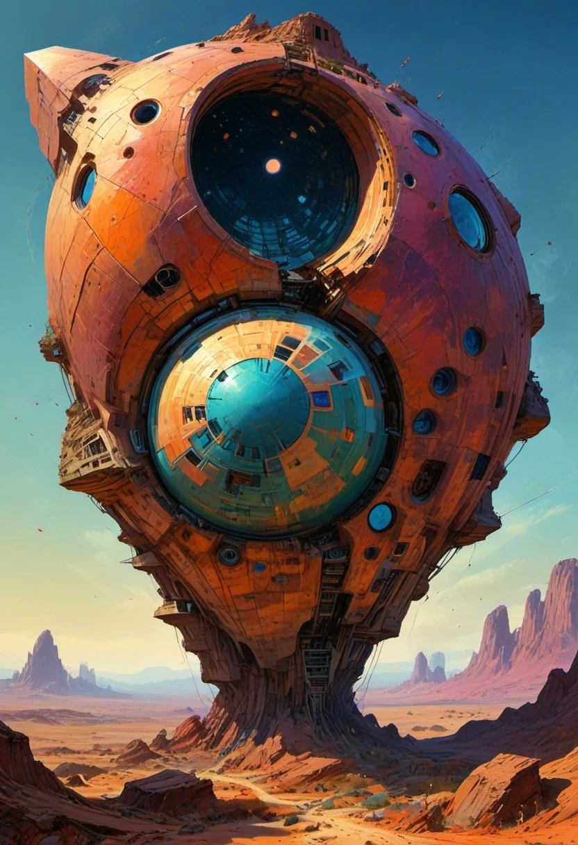 Dry riverbeds, historic rendering of a square spaceship , digital artwork by Roger Dean, vibrant colors include cuware and births a house , inside the surreal landscape of warped geometry and digital artwork by Beksinski, create a sense of detailed, abstract, trippy, 60s style, op art, cell shaded, 8k. The composition includes overlapping circles, sharp-edged polygons, and fluid lines, all interwoven to create a sense of rhythm and flow.
