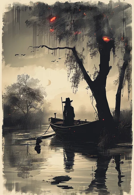 linquivera, Ink illustration, (anime:0.5), brown tones, aged black red paper, inkpunk, moonlight,surreal, a ghost standing on a boat in swampy wetlands, (at a distance), Will-o'-the-wisp, moonlit, lonely, solitude, windy, tall trees, willows, willowy, OverallDetail, extremely detailed, UHD,(long exposure , dystopian but extremely beautiful:1.4), dark elf, sad, pensive, beautiful, 1girl, facing the camera, cowboy shot, <lora:- SDXL - letitflrsh_let_it_flourish_V1.0:0.8> ,<lora:Cute_Collectible:1>, <lora:XL_boss_battle:0.6> <lora:add-detail-xl:1>, <lora:Concept Art Twilight Style SDXL_LoRA_Pony Diffusion V6 XL:1>, <lora:MJ52:1>