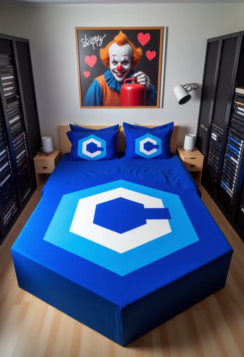 <lora:Custom_Bed_Manufacturer_FLUX:0.9> <lora:civitaiLogoFlux:0.7>
This is a photograph of a computer server room with a unique, blue hexagon-shaped civitaiLogo bed as the central focus, with blue hexagon pillows. There is a picture frame above the bed with a realistic portrait of a scary looking clown holding a red gas can. The portrait is surrounded by hearts, and there is a handwritten signature "skippy".