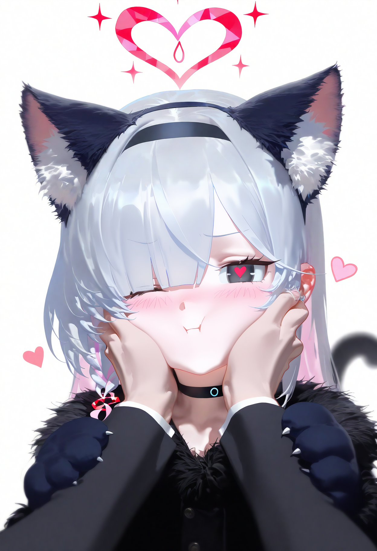 masterpiece, best quality, good quality, nyalia,
1girl, animal hands, animal ears, plana \(blue archive\), heart, halo, pov hands, black eyes, paw gloves, cat ears, pov, gloves, black hairband, long hair, cheek squash, hand on another's face, red halo, cat paws, hand on another's cheek, black choker, fur trim, hairband, symbol-shaped pupils, one eye closed, colored inner hair, braid, hair over one eye, multicolored hair, choker, looking at viewer, single braid, solo focus, pink hair, white background, white hair, fake animal ears, simple background, heart-shaped pupils, blush, red pupils, 1boy, upper body, closed mouth, pink pupils, pink halo, tail, cheek press, cat tail, black gloves, 1other, two-tone hair, alternate costume, smile, animal ear fluff, sensei \(blue archive\), black coat, grey hair, long sleeves, pout,
<lora:ai_styles_collection_noob_eps-1.1_v3.1:1>
