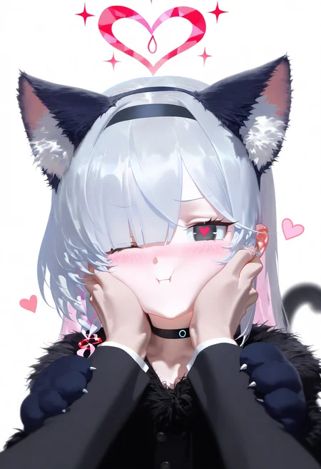 masterpiece, best quality, good quality, nyalia,
1girl, animal hands, animal ears, plana \(blue archive\), heart, halo, pov hands, black eyes, paw gloves, cat ears, pov, gloves, black hairband, long hair, cheek squash, hand on another's face, red halo, cat paws, hand on another's cheek, black choker, fur trim, hairband, symbol-shaped pupils, one eye closed, colored inner hair, braid, hair over one eye, multicolored hair, choker, looking at viewer, single braid, solo focus, pink hair, white background, white hair, fake animal ears, simple background, heart-shaped pupils, blush, red pupils, 1boy, upper body, closed mouth, pink pupils, pink halo, tail, cheek press, cat tail, black gloves, 1other, two-tone hair, alternate costume, smile, animal ear fluff, sensei \(blue archive\), black coat, grey hair, long sleeves, pout,
<lora:ai_styles_collection_noob_eps-1.1_v3.1:1>