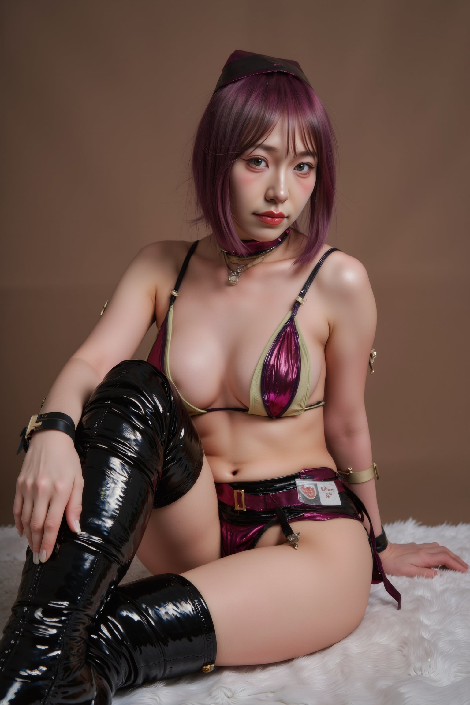 A high-resolution professional portrait of a young woman sitting casually on the floor with legs comfortably parted, one knee raised slightly higher, and resting her forearm atop her elevated knee. Her other hand supports her weight from behind, creating an effortlessly relaxed yet stylish posture. Gentle lighting and natural expression complete the harmonious, casual elegance.

She is wearing a SGWN68Clothing. Her makeup is dramatic, with dark eyeliner and bold, glossy pink lips. 

The lighting features a high-contrast, monochromatic white color scheme that creates a moody, intimate atmosphere. 

The photography technique uses what appears to be soft lighting to create a glamorous effect, with careful attention to highlighting contours while maintaining the dominant light brown color scheme throughout the frame.

The overall aesthetic combines elements of fashion photography, traditional Asian visual motifs, and contemporary boudoir styling. The dramatic light brown lighting creates a cohesive visual theme that ties all elements of the composition together.

The white light emit on her to show her feature.
