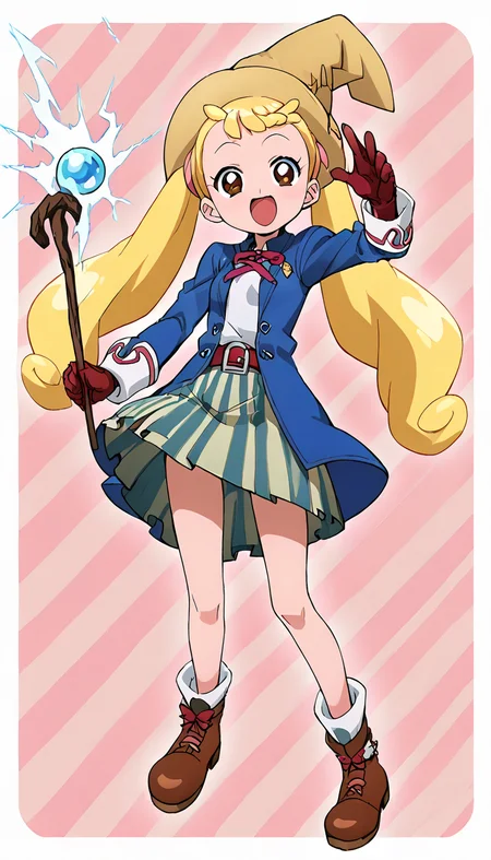 anime artwork of score 9,score_8_up,score_7_up,source_anime,masterpiece,best quality,(parody:1),(anime screencap:1.2),
BREAK
(makihatayama hana:1),1girl,twintails,blonde hair,brown eyes,ornament,hairband,solo,
BREAK
bmcostume,(hat:1.2),jacket,(vertical stripes skirt:1.5),holding wooden staff,gloves,electricity from staff,
BREAK
smile,cute pose,(magical background:1.2),abstract background,
<lora:hana_makihatayama_xl_for_pony_xl_v01:0.8>,<lora:BlackMageCostumeSDXL-V1:1>,<lora:hand 4:1>,
