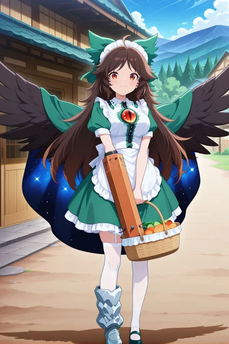 absurdres, highres, masterpiece, best quality, amazing quality, official anime artwork, screencap, anime screencap, outdoors, looking at viewer, light smile, dynamic pose, standing,
<lora:Utsuho-Reiuji_IllustriousV2:1> reiuji utsuho, 1girl, solo, brown eyes, brown hair, long hair, ahoge, black wings, bird wings, third eye, breasts,, reiuji utsuho \(palace of the earth spirits' feathered helper\), alternate costume, hair bow, green bow, maid headdress, green dress, maid apron, frilled apron, white apron, green cape, starry sky print, white thighhighs, green shoes, asymmetrical footwear, holding basket, arm cannon, 
day, village, shop,