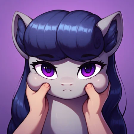 masterpiece, score_9_up, score_8_up, score_7_up, score_6_up, (best quality:1.1), ultra-detailed, high resolution, solo, BigSister, pony, anthro, female, eyebrows, ((beautiful detailed purple eyes)), big eyes, long eyelashes, female, fluffy pony ears, gray skin, light black mane, Expressionless facial expression, cheek pinching, pov hands, puffy cheeks BREAK detailed facial features, 4k, red flag in the backgrount, expressiveh, highly visible, sharp focus, anatomically correct