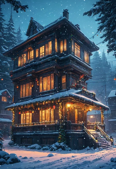 Artwork, cyberpunk, anime, detailed, a Christmas house in the snow, snowing, cheerful. intricate details, beautifully shot, perfect composition, high contrast, cinematic, atmospheric, moody,