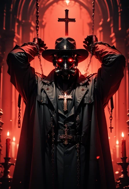 (score_9, score_8_up), score_7_up,  1boy, jewelry, standing, gas mask, arms out, arms up, black gloves, male focus, coat, chain, mask, glowing, glowing eyes, candle, night, crimson sky, red theme, black coat, dark, black sky, fedora, high contrast, dark lighting, mask, cinematic, cross necklace,
blurry, depth of field, CINE,
<lora:CINE-000012:0.8>  <lora:wildywest-000009:0.5>