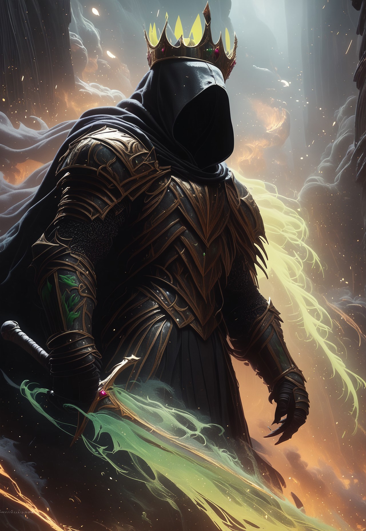 score_9, score_8_up, rating_safe,
a man standing with his sword, hood, faceless, long hood, (wearing a crown), green flames surround the sword, mysterious, magic surround him, soul knight, darkness power, evil