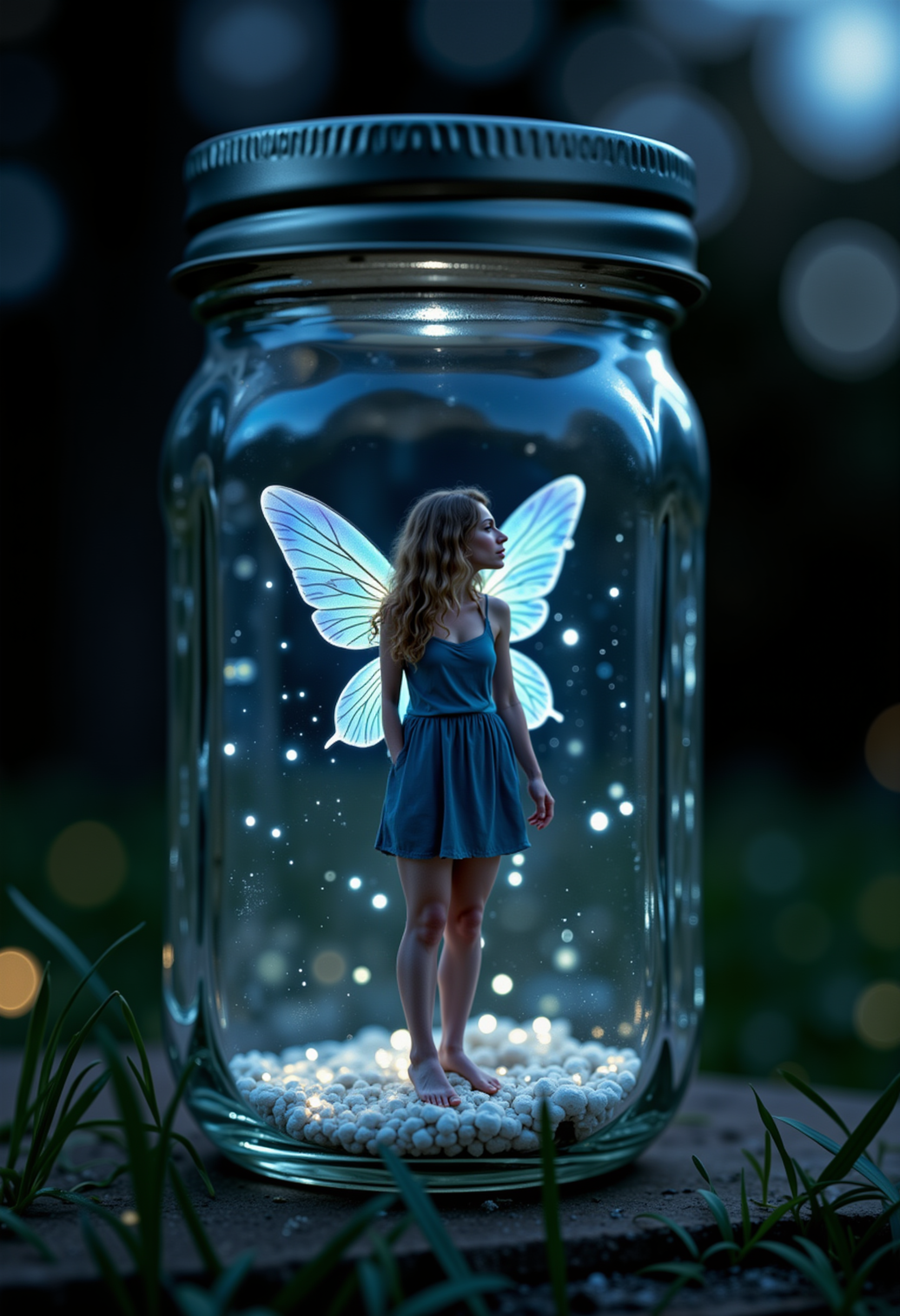 raw photo, an artistic nighttime shot of a miniature pixie woman inside a mason jar, her iridescent wings glowing faintly in the moonlight. She stands quietly, gazing up at the dark sky beyond the glass, with tiny specks of starlight reflecting off the jarâs surface. The scene is illuminated by a soft, bluish glow from her wings, casting gentle, intricate shadows inside the jar. The night outside is deep and dark, with just the faint silhouette of trees in the background. Fireflies flicker in the distance, enhancing the magical atmosphere. The pixieâs expression is serene, almost meditative, as if sheâs lost in thought, surrounded by the mystery of the night, with the jar creating a delicate barrier between her and the vastness of the world outside