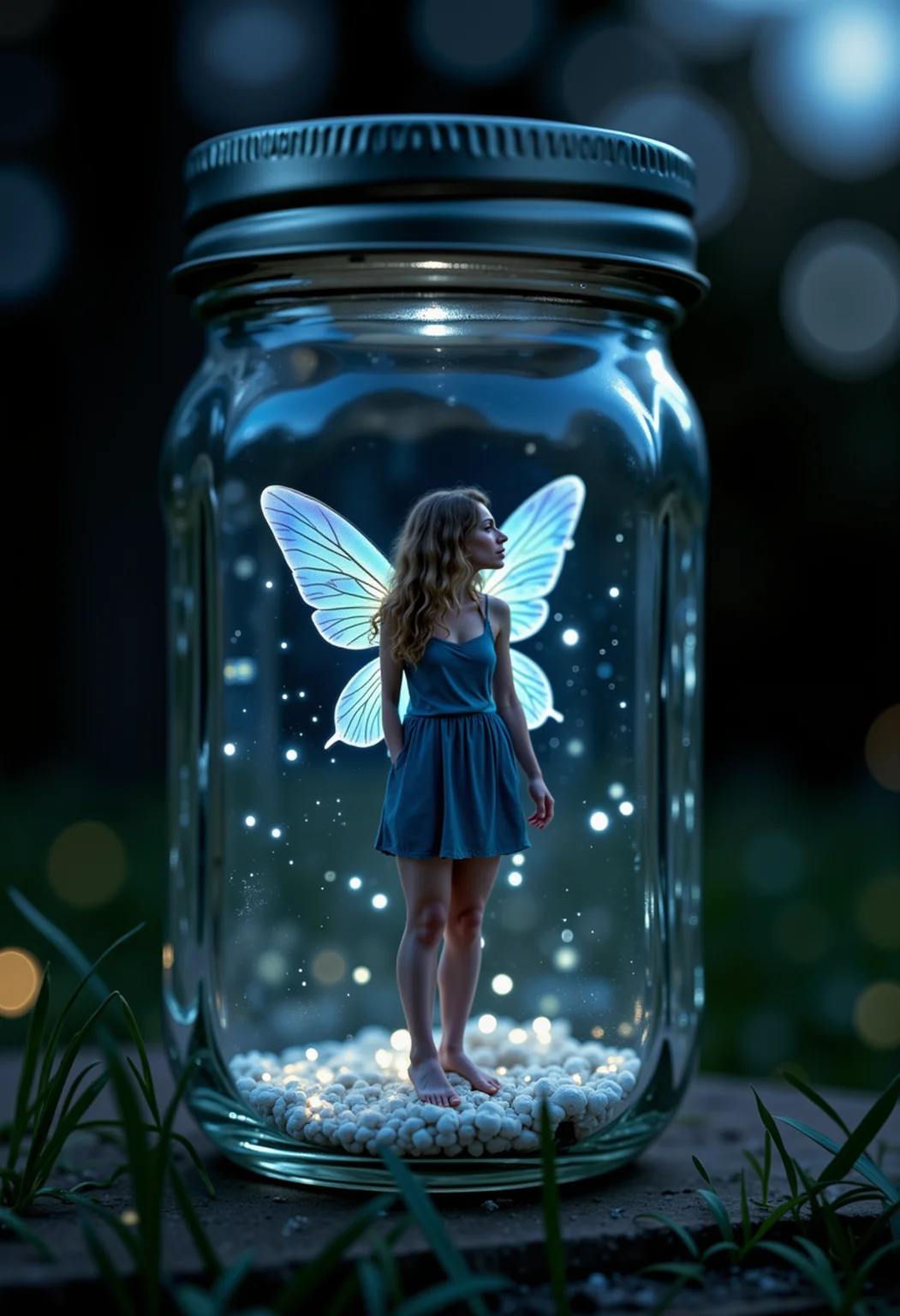 raw photo, an artistic nighttime shot of a miniature pixie woman inside a mason jar, her iridescent wings glowing faintly in the moonlight. She stands quietly, gazing up at the dark sky beyond the glass, with tiny specks of starlight reflecting off the jarâs surface. The scene is illuminated by a soft, bluish glow from her wings, casting gentle, intricate shadows inside the jar. The night outside is deep and dark, with just the faint silhouette of trees in the background. Fireflies flicker in the distance, enhancing the magical atmosphere. The pixieâs expression is serene, almost meditative, as if sheâs lost in thought, surrounded by the mystery of the night, with the jar creating a delicate barrier between her and the vastness of the world outside