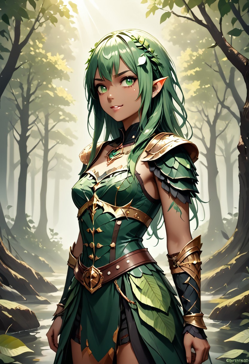 score_9, 1girl, Digital illustration featuring a fantasy-style elven character in a forest setting. The character is A 25-year-old goth darkelf with perfect face and perfect well-endowed hourglass figure lime green hair in long messy hairstyle. She is a darkelf with bleak dark skin and pointy ears, beautiful smile. she is dressed in full medieval-style armor, including shoulder plates, wrist guards, and a belt with a green cloth skirt adorned with various pouches and metal accents. The background is a lush, green forest with sunlight filtering through the trees, creating a mystical atmosphere. The character's facial expression is stern and determined, with green eyes and detailed tattoos on her arms.  WORLD MORPH LEAVES, RED LEAVES, DEAD LEAVES, PLANT GIRL, F41Arm0rXL