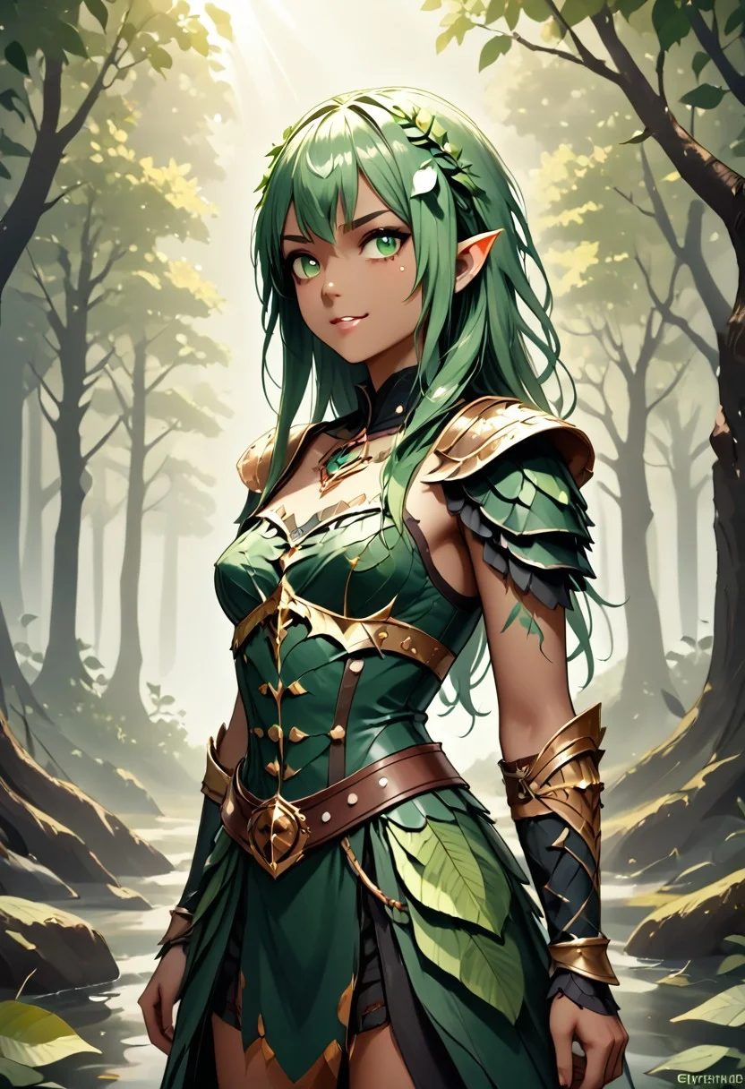 score_9, 1girl, Digital illustration featuring a fantasy-style elven character in a forest setting. The character is A 25-year-old goth darkelf with perfect face and perfect well-endowed hourglass figure lime green hair in long messy hairstyle. She is a darkelf with bleak dark skin and pointy ears, beautiful smile. she is dressed in full medieval-style armor, including shoulder plates, wrist guards, and a belt with a green cloth skirt adorned with various pouches and metal accents. The background is a lush, green forest with sunlight filtering through the trees, creating a mystical atmosphere. The character's facial expression is stern and determined, with green eyes and detailed tattoos on her arms. WORLD MORPH LEAVES, RED LEAVES, DEAD LEAVES, PLANT GIRL, F41Arm0rXL