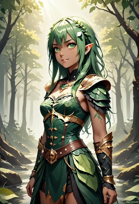 score_9, 1girl, Digital illustration featuring a fantasy-style elven character in a forest setting. The character is A 25-year-old goth darkelf with perfect face and perfect well-endowed hourglass figure lime green hair in long messy hairstyle. She is a darkelf with bleak dark skin and pointy ears, beautiful smile. she is dressed in full medieval-style armor, including shoulder plates, wrist guards, and a belt with a green cloth skirt adorned with various pouches and metal accents. The background is a lush, green forest with sunlight filtering through the trees, creating a mystical atmosphere. The character's facial expression is stern and determined, with green eyes and detailed tattoos on her arms. WORLD MORPH LEAVES, RED LEAVES, DEAD LEAVES, PLANT GIRL, F41Arm0rXL