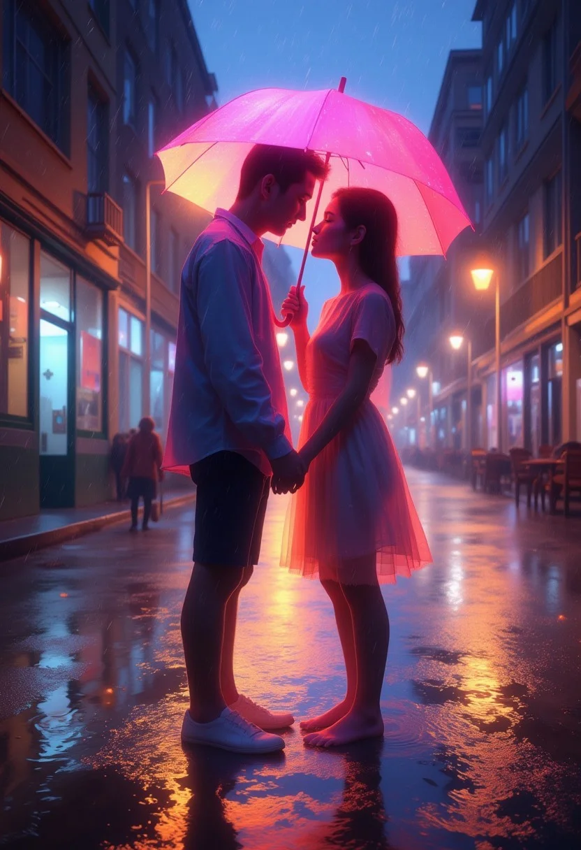 A romantic close-up scene of two lovers standing under a vibrant pink umbrella in the rain, their faces inches apart, almost kissing. The urban street around them glows with dreamy neon reflections, creating a surreal atmosphere. Their colors ethereally merge, blending into the rain-soaked air like a dream. The soft glow of streetlights enhances the moment, casting a magical aura. Color palette: romantic pinks, soft blues, golden yellows, with glowing light effects. High detail, cinematic lighting, ethereal realism, dreamlike ambiance.surreal,abstract.