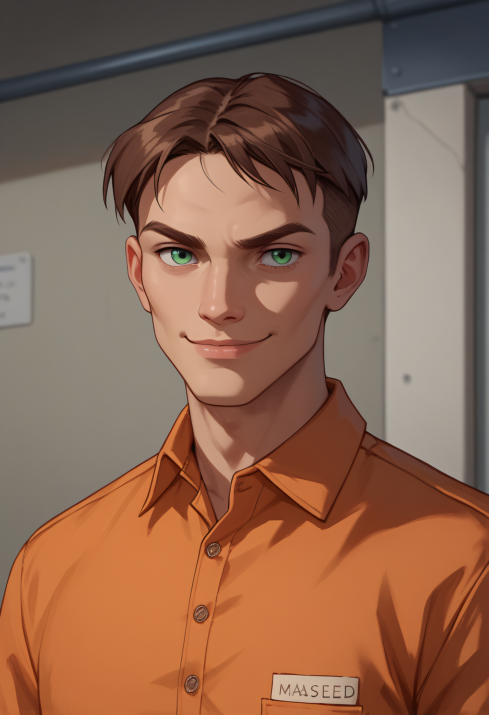 embedding:Pony\Positive\zPDXL3, score_9, score_8_up, score_7_up, 1boy, timscam_ts!, brown hair, short hair, green eyes, head down, orange prison clothes, collared shirt, upper body, close up, staring at viewer, darkened face, smirk, best quality, high resolution, masterpiece.
