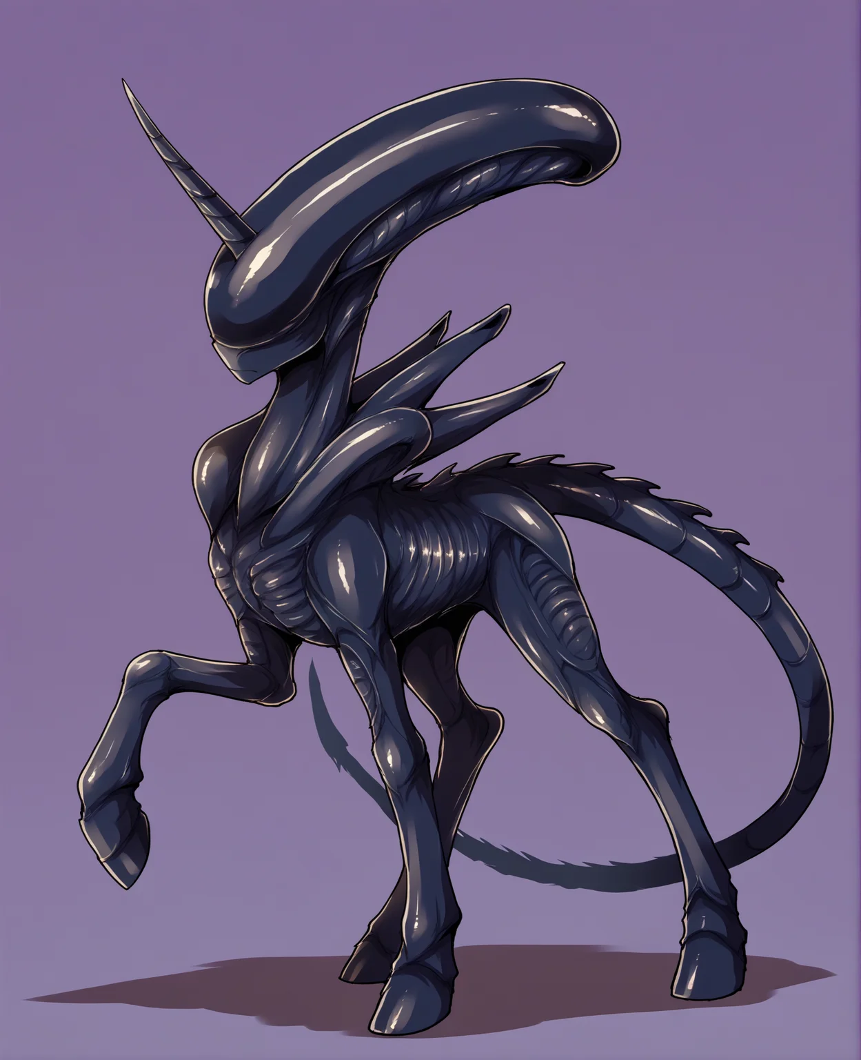 score_9, score_8_up, score_7_up, score_6_up, score_5_up, score_4_up, source_pony, source_cartoon, qkzf, fan character, alien, equid, (equine, horse, hybrid:1.2), taur, mammal, mythological creature, mythological equine, (pony, unicorn, xenomorph:1.2), female, long hair, looking at viewer, purple background, simple background, solo, alien \(franchise\), hasbro, (my little pony:1.3), mythology, crossover, black skin, black body, eyeless, noseless
<lora:xenomorph_pdxl:1>