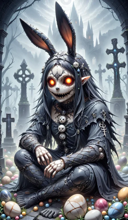 made of marbles, <lora:Marbles_World_r1:0.75>, A gothic-style Easter Bunny carved from dark marble, long twisted ears, hollow eyes glowing faintly, sitting beside cracked marble Easter eggs with arcane runes. Surrounded by thorny vines and fog in a ruined graveyard at dawn. Hyper-detailed, eerie atmosphere, cinematic lighting. dark fantasy, gothic, <lora:GothicDetailEnhancerV1:0.55>, <lora:add-detail-xl:0.55>,