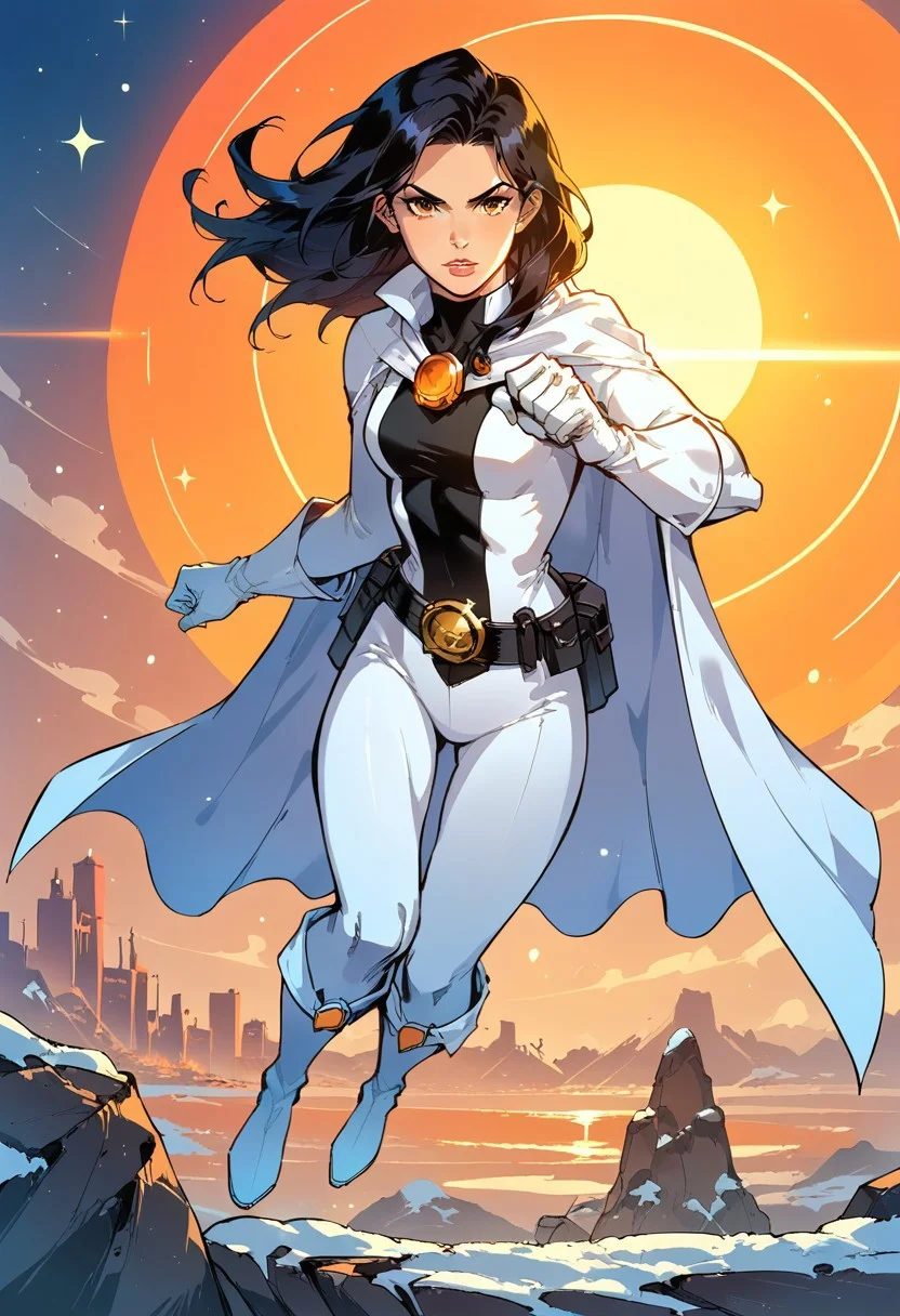 1girl, score_9, score_8_up, score_7_up, western cartoon, bright lighting, very detailed, depth of field, cinematic illumination, volumetric lighting, full color picture, vibrant colors, solo, alone, long hair, black hair, white cape, short cape, black belt, costume2, white gloves, long boots, white boots, full body, petite, full body, facing forward, looking at viewer, empty hands, action pose, flying, orange sky, solo, snow, rocky spires, horizon, starry sky, subterranean, rock formation, purple glow from depths, city in the sky, rocks <lora:SpaceOperettaNeo_epoch_7:1>