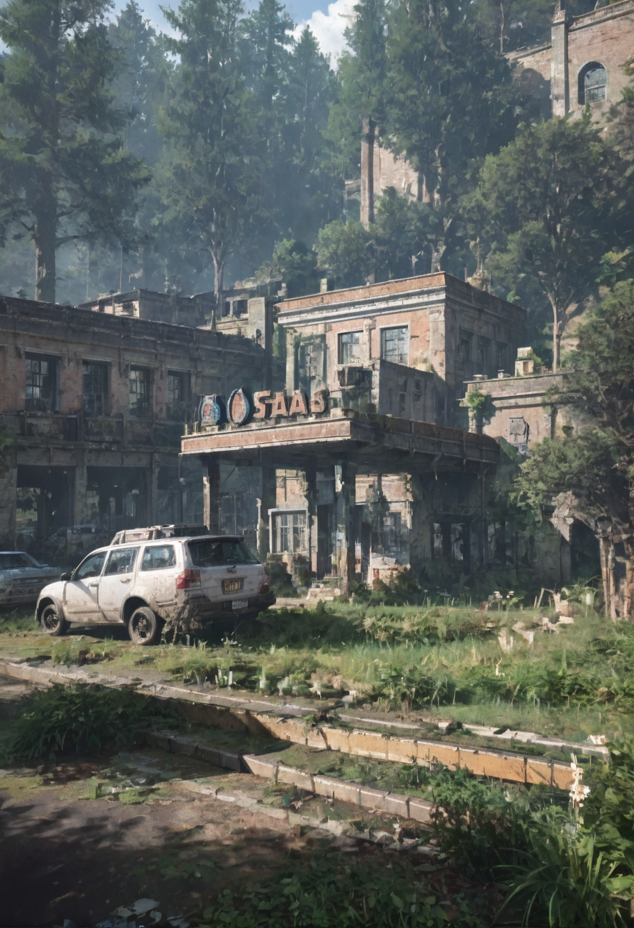,ruanyi0763,outdoors,tree,building,ruins,gas station,<lora:0763 post apocalypse_v1_pony:1>, score_9,score_8_up,score_7_up,,8k,1girl,solo,