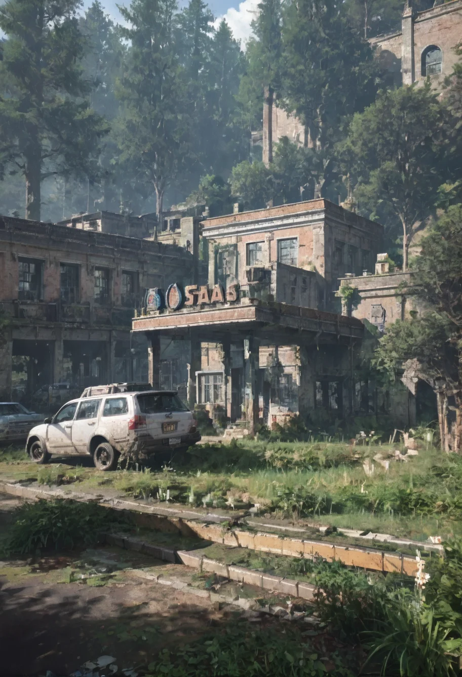 ,ruanyi0763,outdoors,tree,building,ruins,gas station,<lora:0763 post apocalypse_v1_pony:1>, score_9,score_8_up,score_7_up,,8k,1girl,solo,