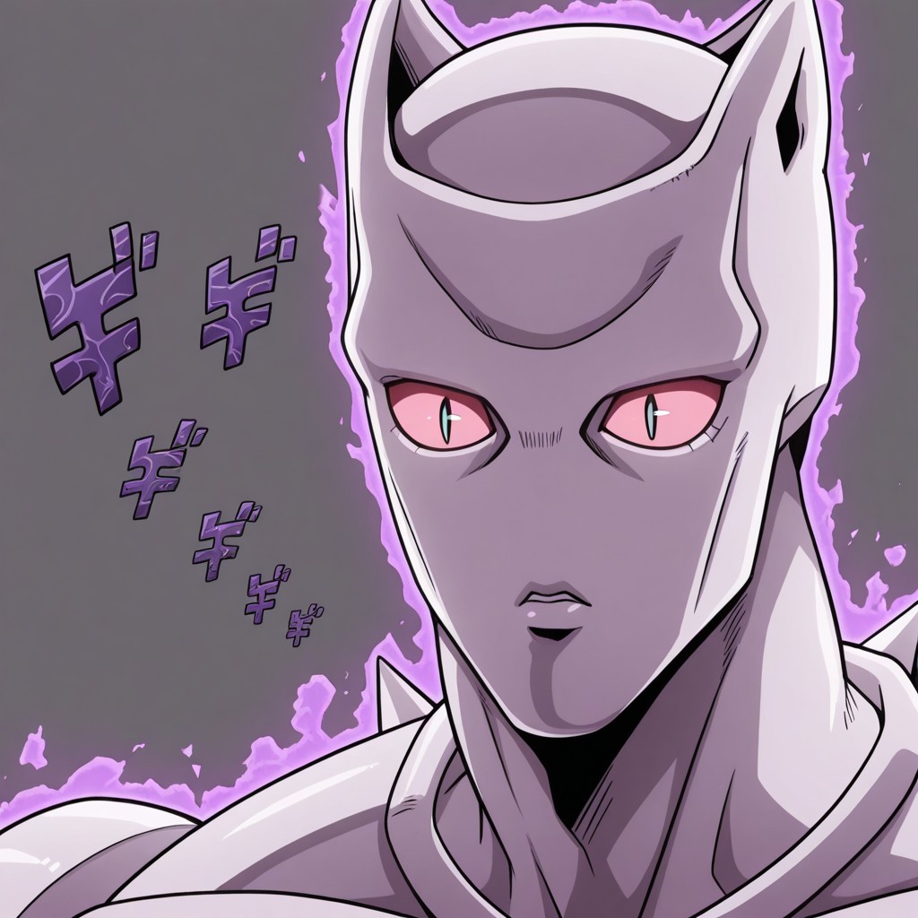 masterpiece, best quality, amazing quality, kqueen, male, solo, humanoid, stand (jojo), pink body, pointed ears, pink sclera, slit pupils, spikes on back, muscular, studded forearm gloves, bandages, brown belt, studded waist cloth, purple footwear, gold skull emblems, glowing eyes, aura, menacing, close up, portrait, grey background