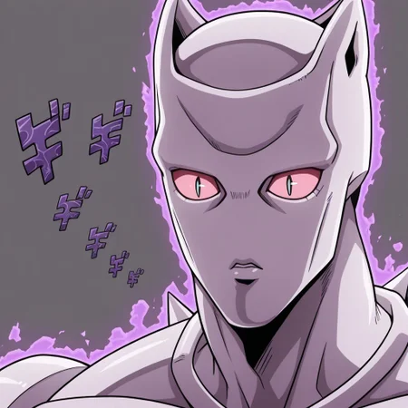 masterpiece, best quality, amazing quality, kqueen, male, solo, humanoid, stand (jojo), pink body, pointed ears, pink sclera, slit pupils, spikes on back, muscular, studded forearm gloves, bandages, brown belt, studded waist cloth, purple footwear, gold skull emblems, glowing eyes, aura, menacing, close up, portrait, grey background