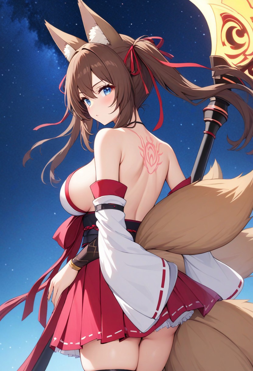 Best quality, masterpiece, highres, 4k
BREAK caleen_keemosn, star ocean anamnesis, caleen_default, japanese_clothes, 1girl, brown hair, breasts, animal ears, solo, blue eyes, fox ears, long hair, animal ear fluff, looking at viewer, weapon, japanese clothes, star (sky), sash, detached sleeves, kitsune, fox tail, looking back, twintails, from behind, fox girl, bare shoulders, hair ribbon, holding scythe, brown tail, large breasts, sky, wide sleeves, back_tattoo, sideboob, zettai_ryouiki
BREAK  cowboy shot, dutch angle,