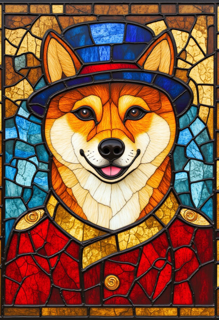 shiba inu with a tophat, stained glass style