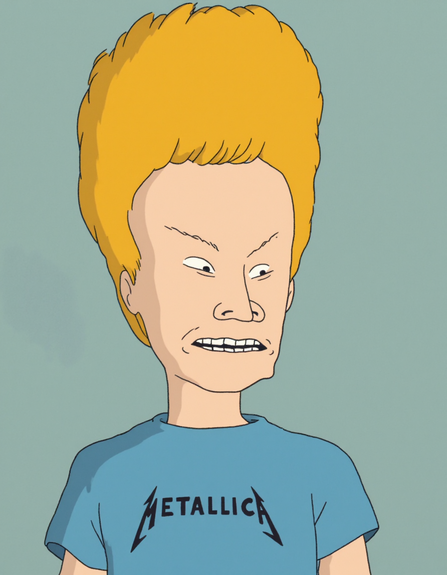 Beavis wearing blue shirt with "METALLICA" written on it, <lora:BEAVIS_ANIMATED_REFINED_FLUX (1) (the good version of the two fluxs):1> <lora:Studio_Ghibli_Flux:1> ghiblistyle
