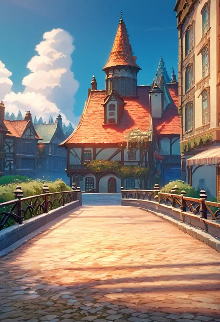 score_9, score_8_up, score_7_up, score_6_up, score_5_up, score_4_up, source_anime, official art, <lora:snowXLP:1> snow, outdoors, It is snowy, there is a lot of snow on the ground and buildings, <lora:mondstadt_background-ponyxl-v11h:1>, city, mondstadt, scenery, architecture, outdoors, building, cityscape, house, sky, blue sky, tree, plant, cloud, road, bush, railing, lamppost,
