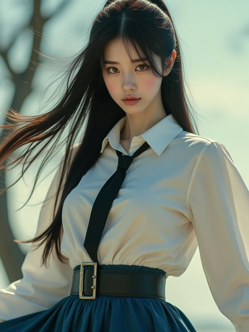 Realistic photograph, Movie light, film grain, close-up, upper body, face focus, long hair, dynamic angle, dynamic pose, A stunning real medium breasts woman with long, flowing dark hair, her piercing gaze directly addressing the viewer. High Fashion, A highly detailed, realistic digital photo of a 28 years old woman with a pale complexion, emphasizing her enigmatic and mystical aura, high resolution, rich textures, and contemplative mood. Her eyes are a deep piercing and brown, dynamic, dramatic, haute couture, elegant, ornate clothing, dark straight hair with a few loose strands framing her face, against a light gradient background, necktie, skirt, ponytail, school uniform, shirt, looking at viewer, outdoors, white shirt, blue skirt, tree, cosplay, belt, The scene should take place during a sunny day with a warm and clear atmosphere. Incorporate sun flares or lens flares to add depth and interest to the image.