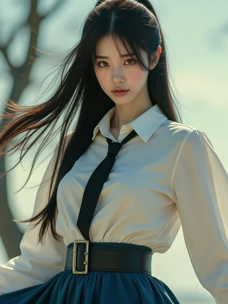 Realistic photograph, Movie light, film grain, close-up, upper body, face focus, long hair, dynamic angle, dynamic pose, A stunning real medium breasts woman with long, flowing dark hair, her piercing gaze directly addressing the viewer. High Fashion, A highly detailed, realistic digital photo of a 28 years old woman with a pale complexion, emphasizing her enigmatic and mystical aura, high resolution, rich textures, and contemplative mood. Her eyes are a deep piercing and brown, dynamic, dramatic, haute couture, elegant, ornate clothing, dark straight hair with a few loose strands framing her face, against a light gradient background, necktie, skirt, ponytail, school uniform, shirt, looking at viewer, outdoors, white shirt, blue skirt, tree, cosplay, belt, The scene should take place during a sunny day with a warm and clear atmosphere. Incorporate sun flares or lens flares to add depth and interest to the image.