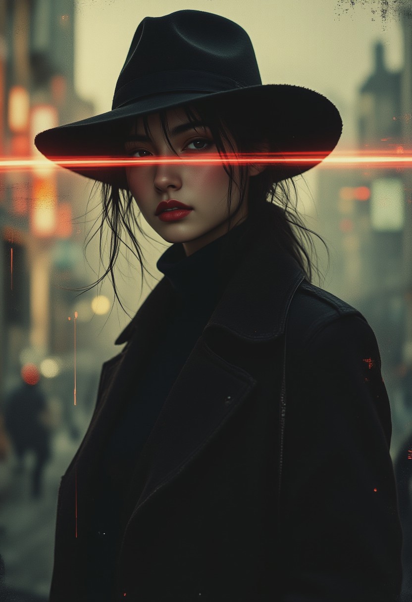 A cinematic digital painting of a mysterious woman wearing a wide-brimmed black hat and a dark turtleneck. She stands against a misty, dystopian backdrop with a blend of warm and cool tones. A striking red horizontal light beam crosses over her eyes, giving a futuristic, cyber-western aesthetic. The texture of the image has a slightly glitchy, digital interference effect, enhancing the sci-fi atmosphere. The woman's expression is calm yet intense, with dark eyes and red lips adding contrast to her otherwise shadowed face. The lighting is moody and dramatic