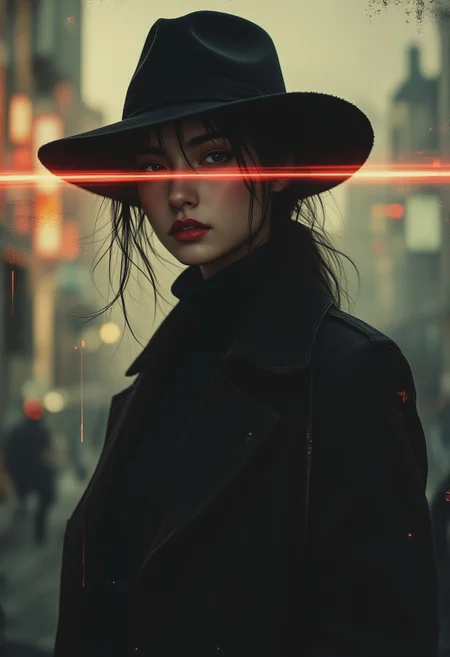 A cinematic digital painting of a mysterious woman wearing a wide-brimmed black hat and a dark turtleneck. She stands against a misty, dystopian backdrop with a blend of warm and cool tones. A striking red horizontal light beam crosses over her eyes, giving a futuristic, cyber-western aesthetic. The texture of the image has a slightly glitchy, digital interference effect, enhancing the sci-fi atmosphere. The woman's expression is calm yet intense, with dark eyes and red lips adding contrast to her otherwise shadowed face. The lighting is moody and dramatic
