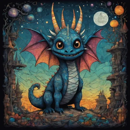 Magical Mathematics two parts in one art, double exposure, cute little detailed shocked perfect dragon trying to understand what all these weird scary words mean : Hyperbola, Parabola, Pi, Euler's Number, Complex Numbers, Tessellations, Orthogonal Projection, Riemann Surface, Golden Ratio, best quality, dark tales, Craola, Dan Mumford, Andy Kehoe, Miyazaki 2d, flat, cute, adorable, vintage, art on a cracked paper, fairytale, patchwork, stained glass, storybook detailed illustration, cinematic, ultra highly detailed, tiny details, beautiful details, mystical, luminism, vibrant colors, complex background
