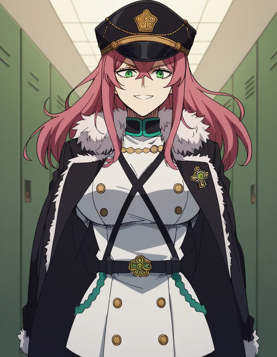 score_9, score_8_up, score_7_up, source_anime, <lora:princia-funnybunny-movie-ponyxl-lora-nochekaiser_r1:1>, princia funnybunny, long hair, green eyes, pink hair, red hair, crossed bangs, sidelocks, hat, jacket, belt, uniform, fur trim, military, military uniform, peaked cap, large breasts,, school hallway, lockers, between classes, everyday life, , smile, looking at viewer, solo,, dutch angle, cowboy shot