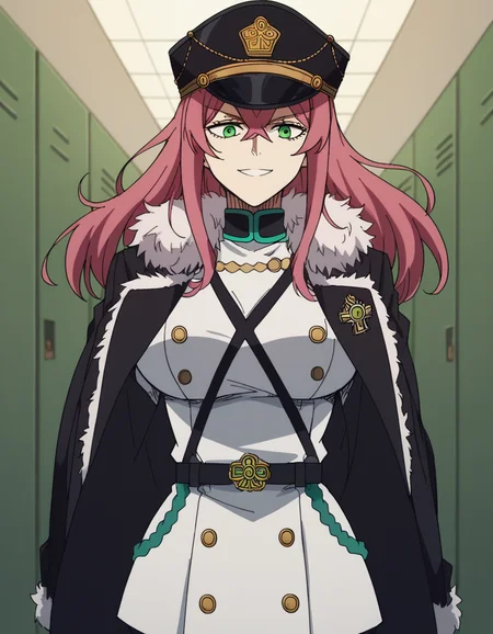 score_9, score_8_up, score_7_up, source_anime, <lora:princia-funnybunny-movie-ponyxl-lora-nochekaiser_r1:1>, princia funnybunny, long hair, green eyes, pink hair, red hair, crossed bangs, sidelocks, hat, jacket, belt, uniform, fur trim, military, military uniform, peaked cap, large breasts,, school hallway, lockers, between classes, everyday life, , smile, looking at viewer, solo,, dutch angle, cowboy shot