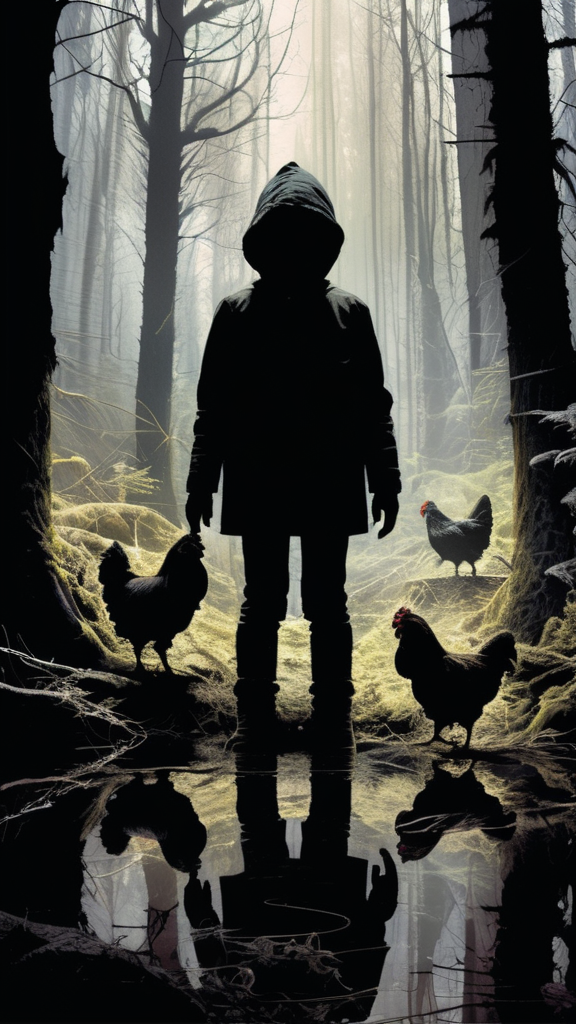 a child's shadow in a Lovecraftian horror forest, idiosyncrasy out in the wild, (in front of  | hybrid of hut and chicken legs:1.3), action-packed, masterpiece, best quality, epic, hyperdetailed, rim light, scary, grim, dark theme, by Dan Rickwood, art by Julie Mehretu, eclectic, art by David Palumbo, art by Nicola Samori, art by Ben Templesmith, by Brian Oldham