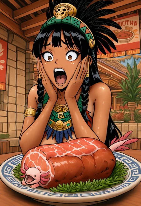 IllusP0s, aztec, macuahuitl, amazed, 1girl, black hair, tanned skin, aztec clothing, delicious food, hands on own face, food focus, fried axolotl on plate, pink feathery gills on meat, f3rn4nd0, western comic \(style\), restaurant background, detailed background, mesoamerican architecture