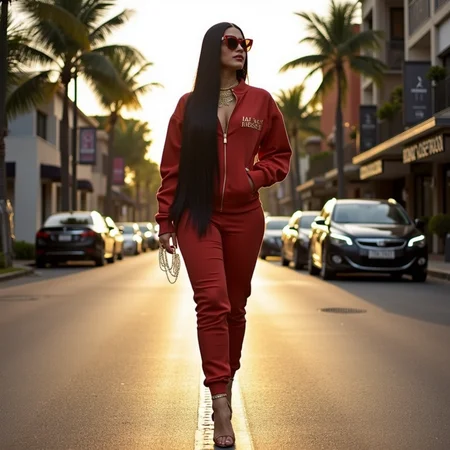 surrealist art analog film photo A confident woman in full buchona style walking down an upscale avenue in Guadalajara at golden hour â long straight hair, designer tracksuit, oversized sunglasses, gold accessories, and high-end heels. Surrounded by boutique storefronts, palm trees, and glistening car reflections. Captured with a 35mm film camera (Kodak Portra 400) â warm tones, soft grain, rich color contrast, shallow depth of field. Stylish and powerful, like a magazine editorial on Mexican street fashion. <lora:buchonas v1:1> buch0nas . faded film, desaturated, 35mm photo, grainy, vignette, vintage, Kodachrome, Lomography, stained, highly detailed, found footage, RAW candid cinema, 16mm, color graded portra 400 film, remarkable color, ultra realistic, textured skin, remarkable detailed pupils, realistic dull skin noise, visible skin detail, skin fuzz, dry skin, shot with cinematic camera . dreamlike, mysterious, provocative, symbolic, intricate, detailed