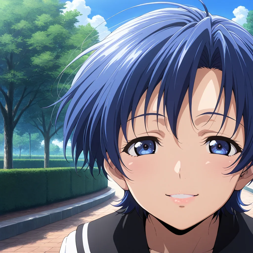 score_9,score_8_up,score_7_up, masterpiece, 8k, highres, wallpaper, source_anime, park, blue sky, pov, extreme close up, facing viewer, <lora:20_Miki_SDXL:1>, Miki, 1 girl, solo, blue hair, short hair,  <lora:DetailedEyes_V3:1> , <lora:PerfectEyesXL:1>, blue eyes, detailed eyes, detailed pupils,  fine-tuned face, perfect face, perfect lips, smiling, school uniform, seirafuku, black sailor collar  <lora:add-detail-xl:1>